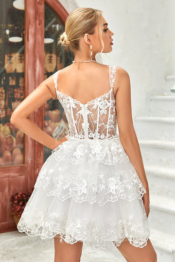 Princess A Line White Corset Tiered Short Cocktail Dress with Lace